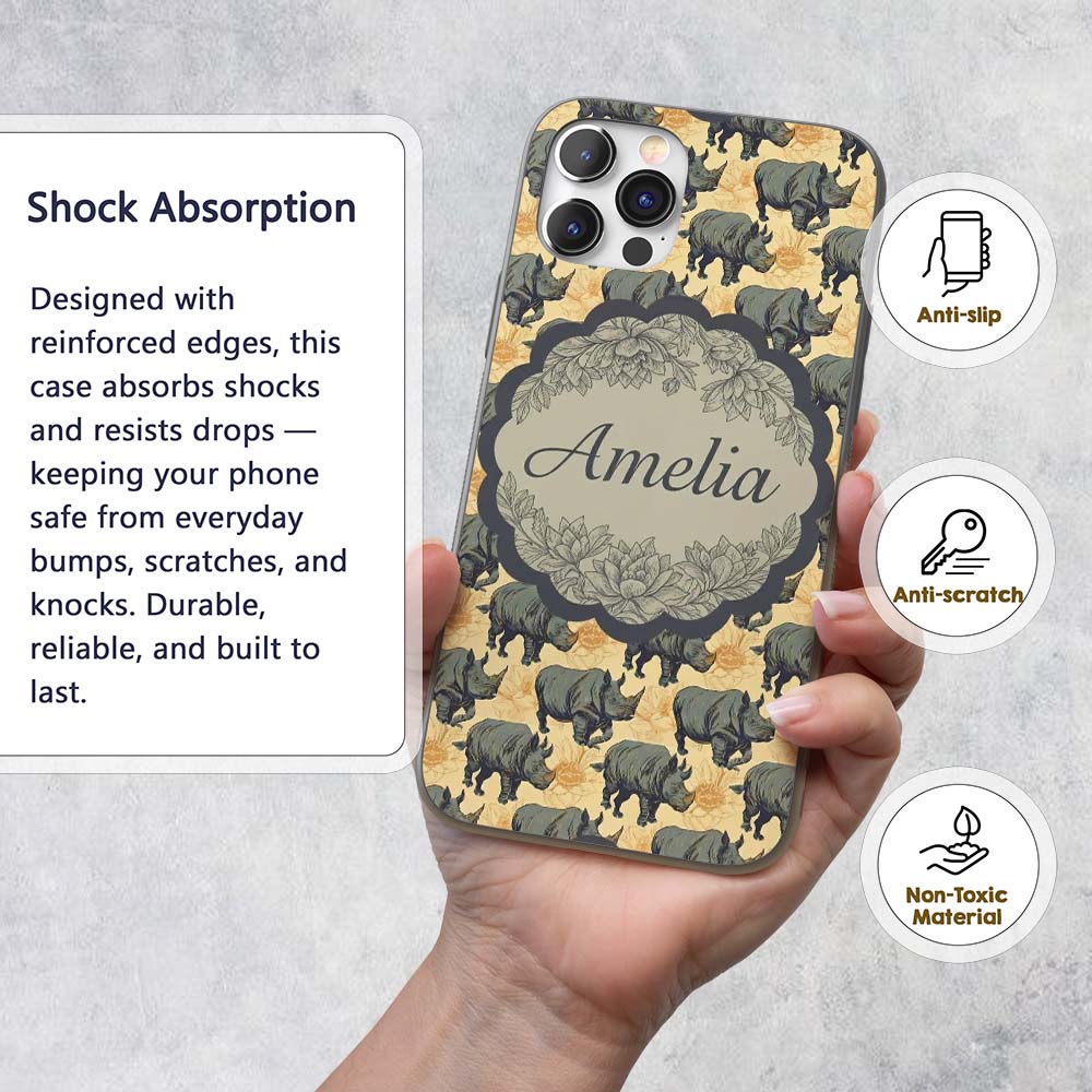 Dark Rhino with Floral Line Art Printed Design Custom Name Protective Phone Case Mobile Cover Durable Everyday Smartphone Shock Resistant