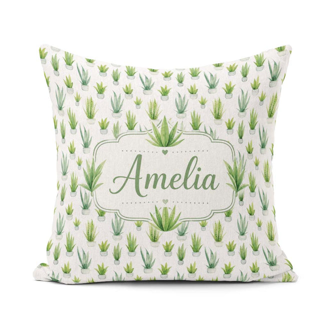 Custom Name Green Houseplants in Pots Seamless Pattern Name Cute Square Filled Cushion Throw Pillow Sofa Bed Home Decor Zip Washable UK Made
