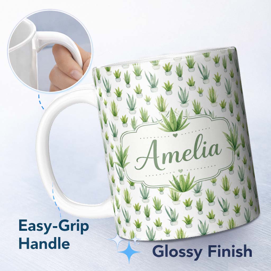 Personalized Custom Name Watercolor Green Houseplants in Pots Seamless Pattern Name Cute 11oz Ceramic Coffee Tea Mug White Large Handle