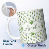 Personalized Custom Name Watercolor Green Houseplants in Pots Seamless Pattern Name Cute 11oz Ceramic Coffee Tea Mug White Large Handle