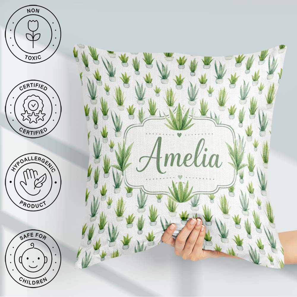 Custom Name Green Houseplants in Pots Seamless Pattern Name Cute Square Filled Cushion Throw Pillow Sofa Bed Home Decor Zip Washable UK Made