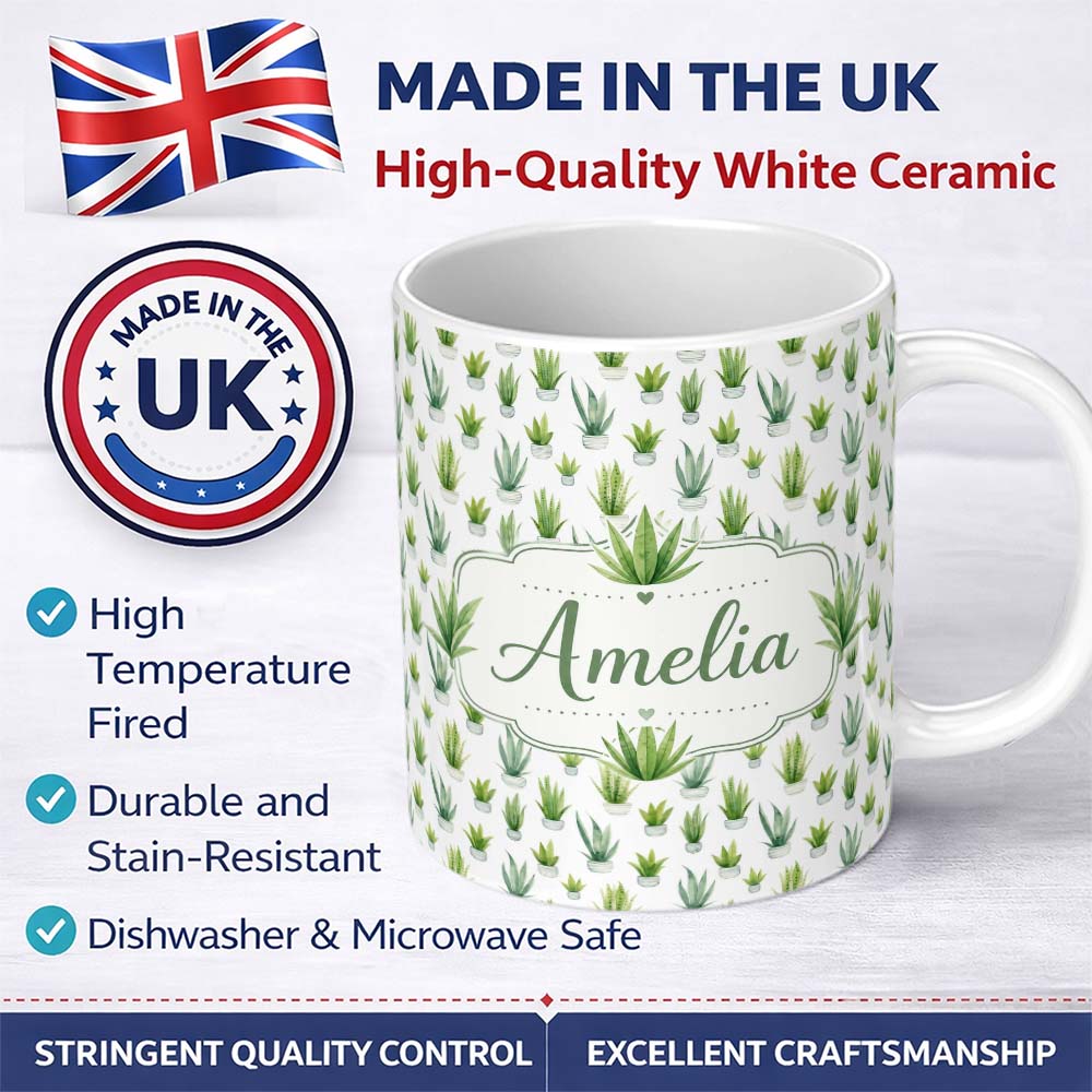 Personalized Custom Name Watercolor Green Houseplants in Pots Seamless Pattern Name Cute 11oz Ceramic Coffee Tea Mug White Large Handle