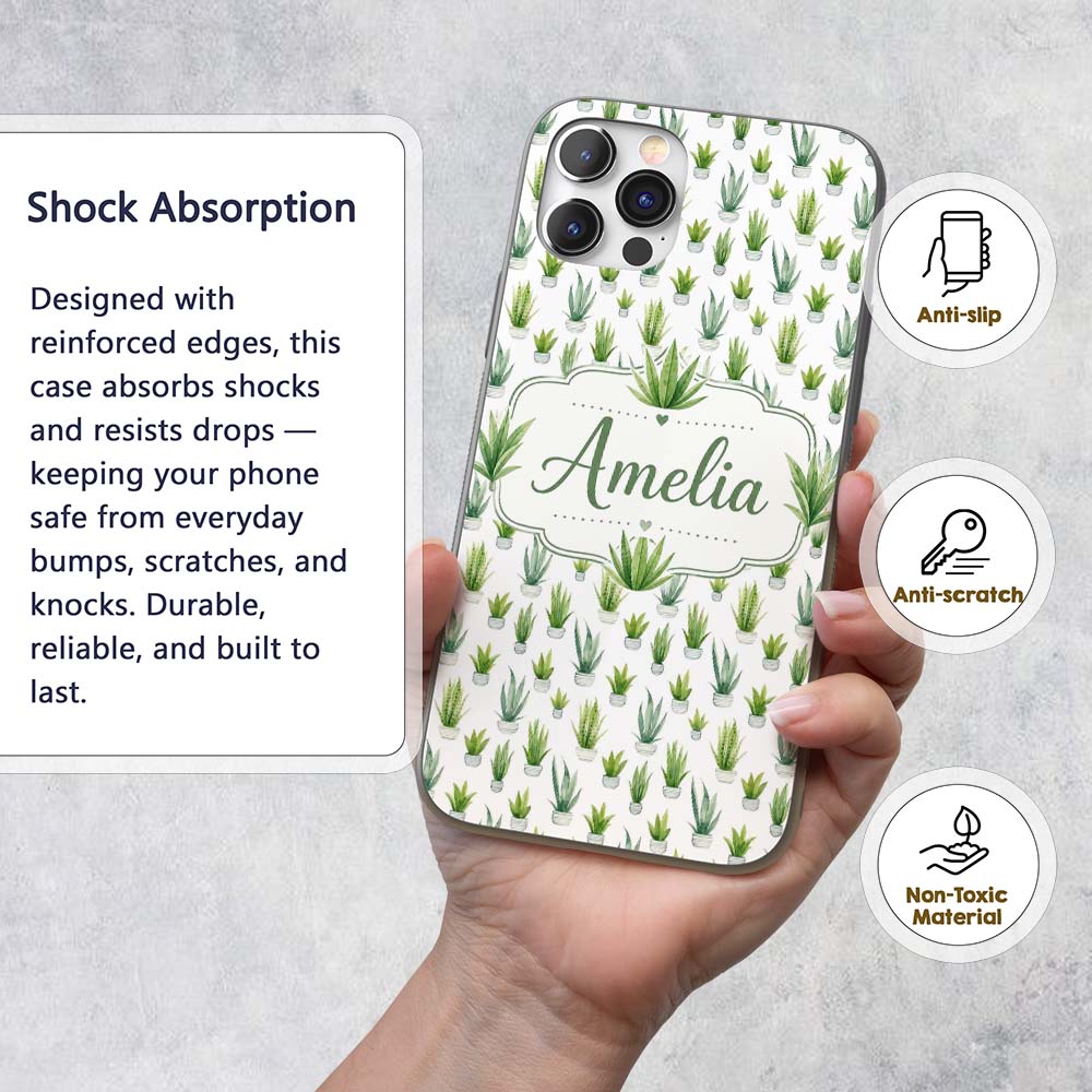 Watercolor Green Houseplants in Pots Seamless Custom Name Protective Phone Case Mobile Cover Durable Everyday Smartphone Shock Resistant