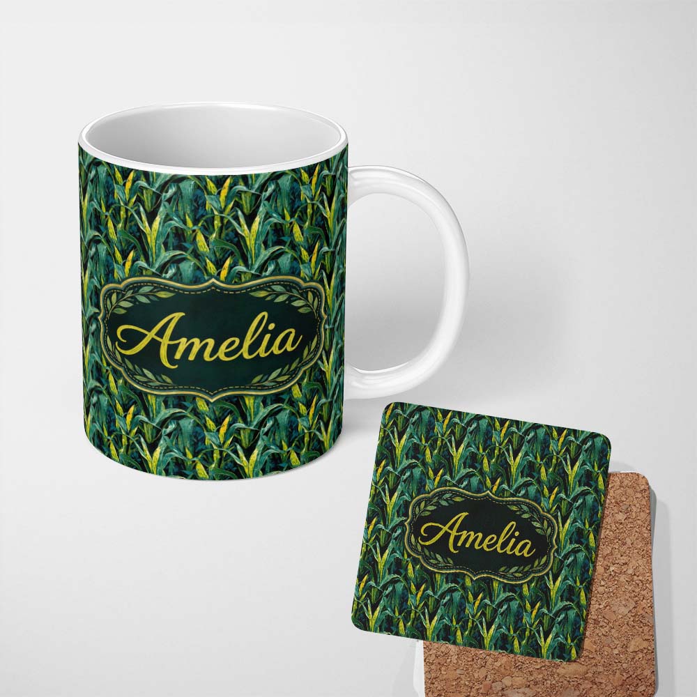 Personalized Custom Name Dense Tropical Leaves Jungle Style Seamless Pattern Name Cute 11oz Ceramic Coffee Tea Mug White Large Handle