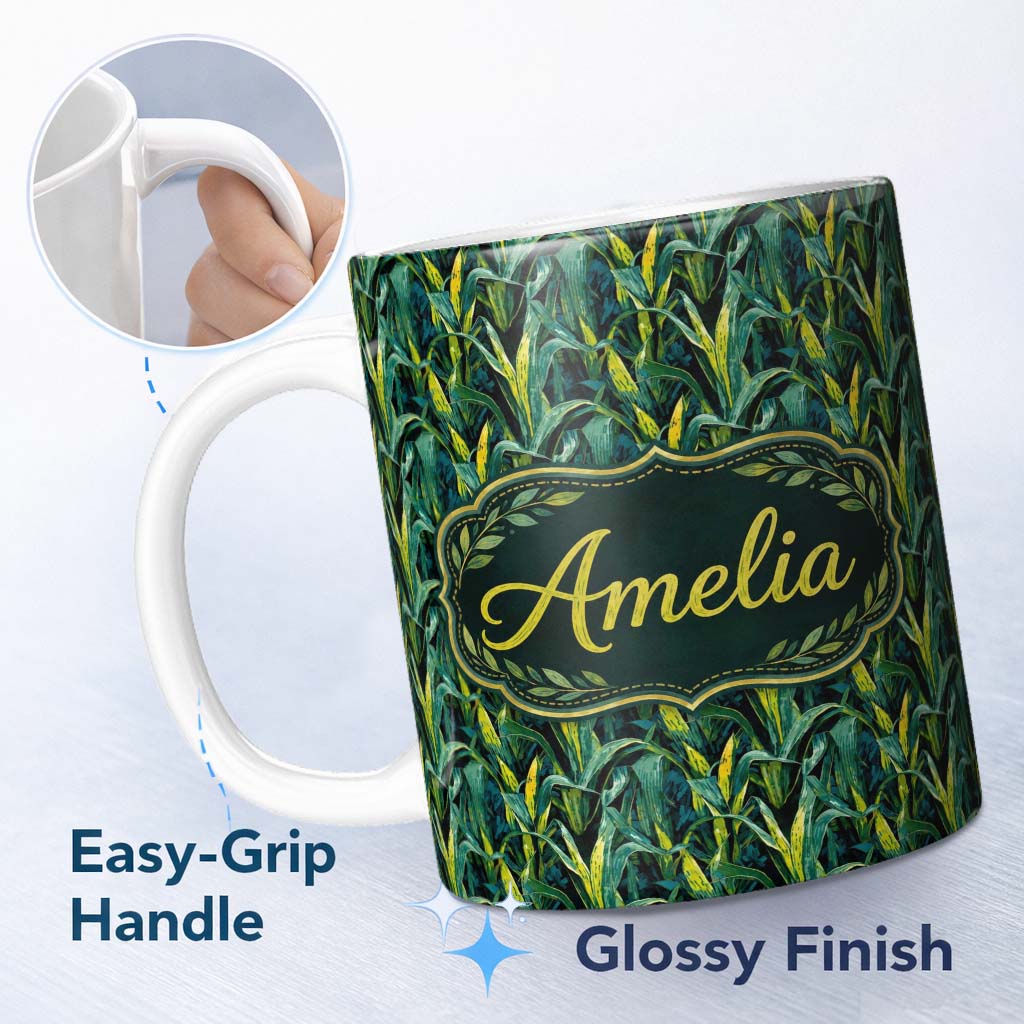 Personalized Custom Name Dense Tropical Leaves Jungle Style Seamless Pattern Name Cute 11oz Ceramic Coffee Tea Mug White Large Handle