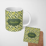 Personalized Custom Name Simple Leaf Motif in Green Tones Seamless Pattern Name Cute Unique 11oz Ceramic Coffee Tea Mug White Large Handle