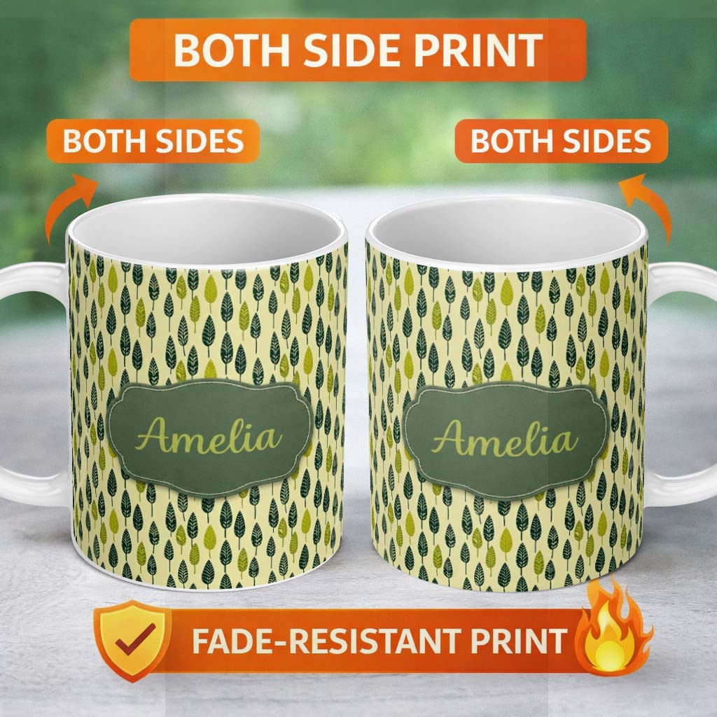 Personalized Custom Name Simple Leaf Motif in Green Tones Seamless Pattern Name Cute Unique 11oz Ceramic Coffee Tea Mug White Large Handle