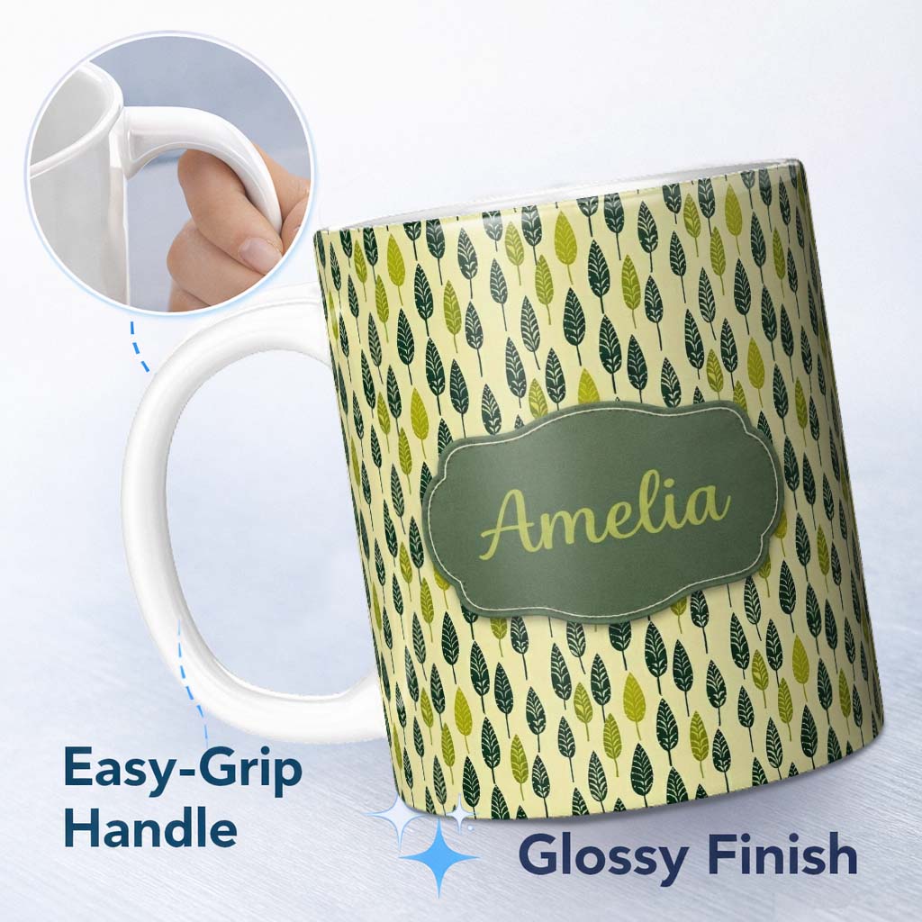 Personalized Custom Name Simple Leaf Motif in Green Tones Seamless Pattern Name Cute Unique 11oz Ceramic Coffee Tea Mug White Large Handle