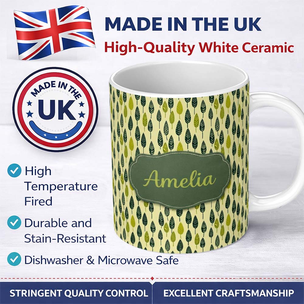 Personalized Custom Name Simple Leaf Motif in Green Tones Seamless Pattern Name Cute Unique 11oz Ceramic Coffee Tea Mug White Large Handle