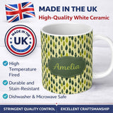 Personalized Custom Name Simple Leaf Motif in Green Tones Seamless Pattern Name Cute Unique 11oz Ceramic Coffee Tea Mug White Large Handle