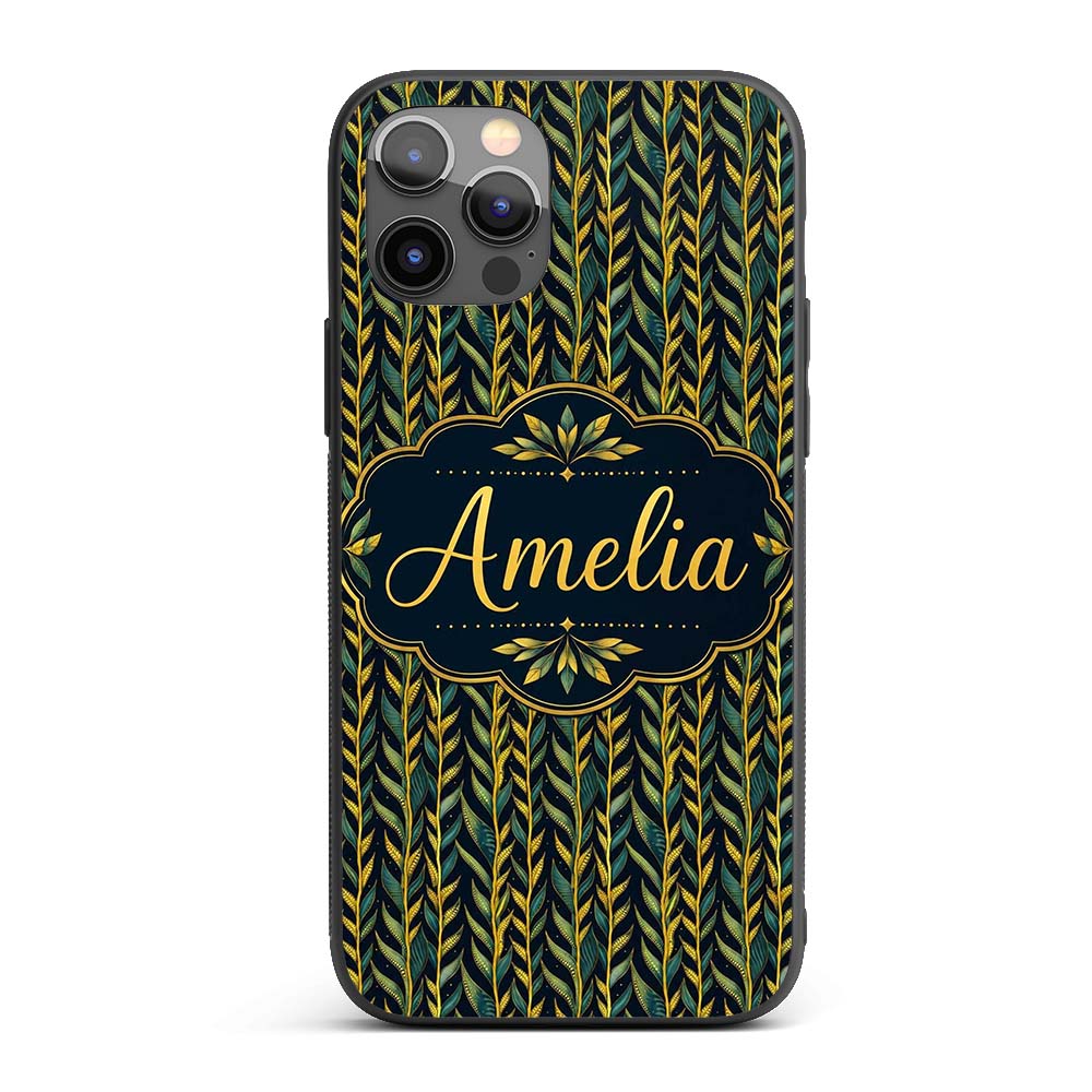 Elegant Golden Leaf Botanical on Dark Background Custom Name Protective Phone Case Mobile Cover Durable Everyday Smartphone Shock Resistant