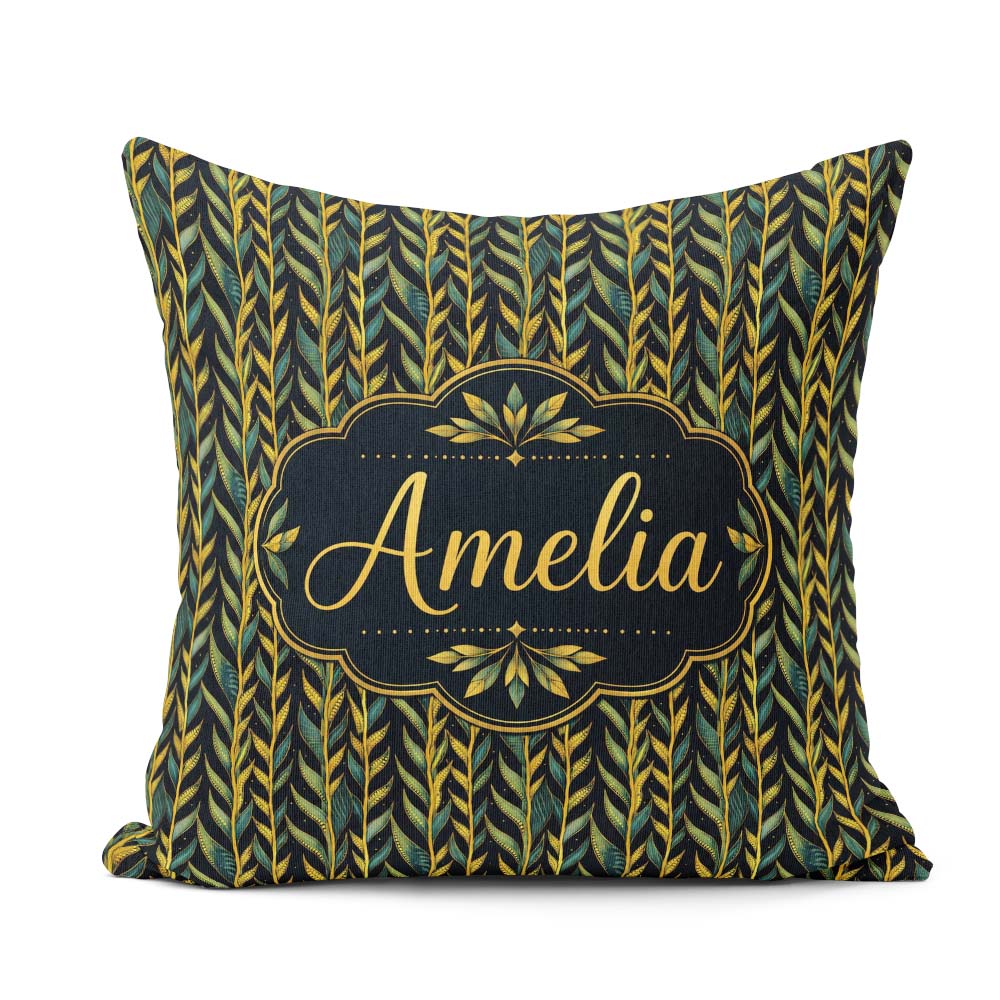 Custom Name Elegant Golden Leaf Botanical on Background Seamless Square Filled Cushion Throw Pillow Sofa Bed Home Decor Zip Washable UK Made