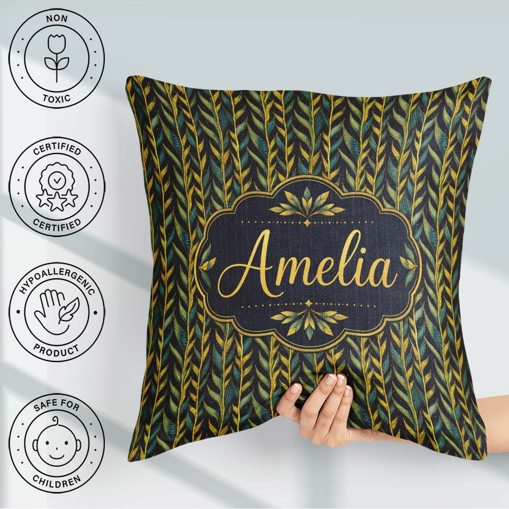 Custom Name Elegant Golden Leaf Botanical on Background Seamless Square Filled Cushion Throw Pillow Sofa Bed Home Decor Zip Washable UK Made