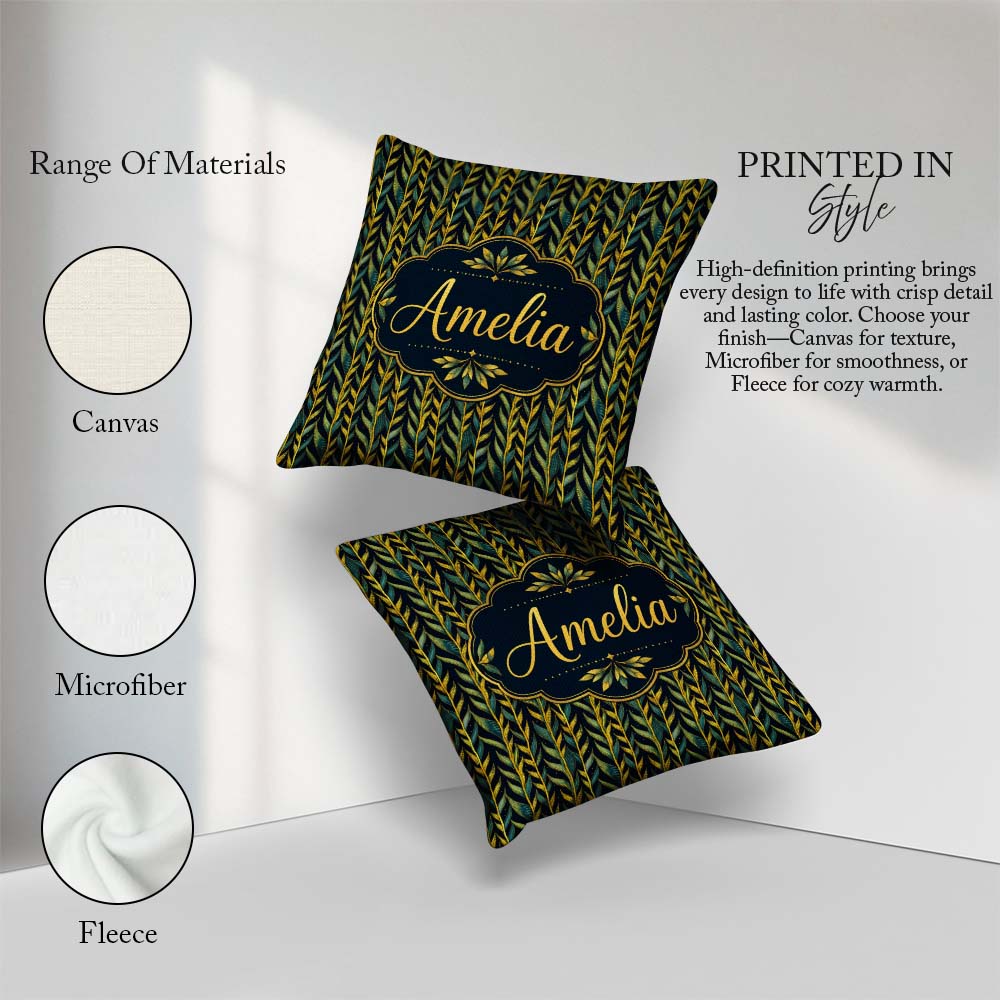 Custom Name Elegant Golden Leaf Botanical on Background Seamless Square Filled Cushion Throw Pillow Sofa Bed Home Decor Zip Washable UK Made
