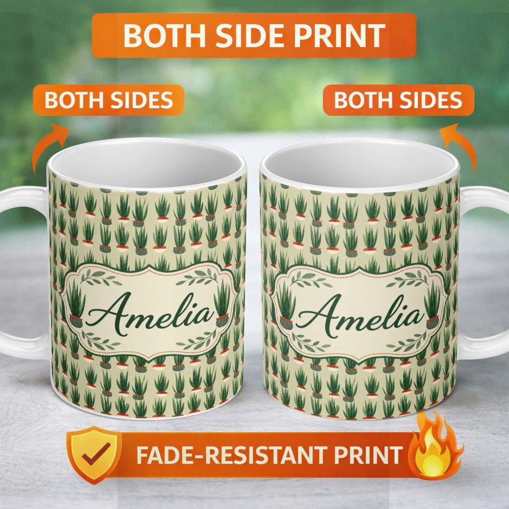 Personalized Custom Name Modern Potted Plants with Style Seamless Pattern Name Cute Unique 11oz Ceramic Coffee Tea Mug White Large Handle