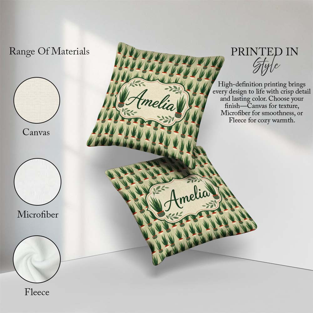 Custom Name Modern Potted Plants with Seamless Pattern Name Cute Square Filled Cushion Throw Pillow Sofa Bed Home Decor Zip Washable UK Made