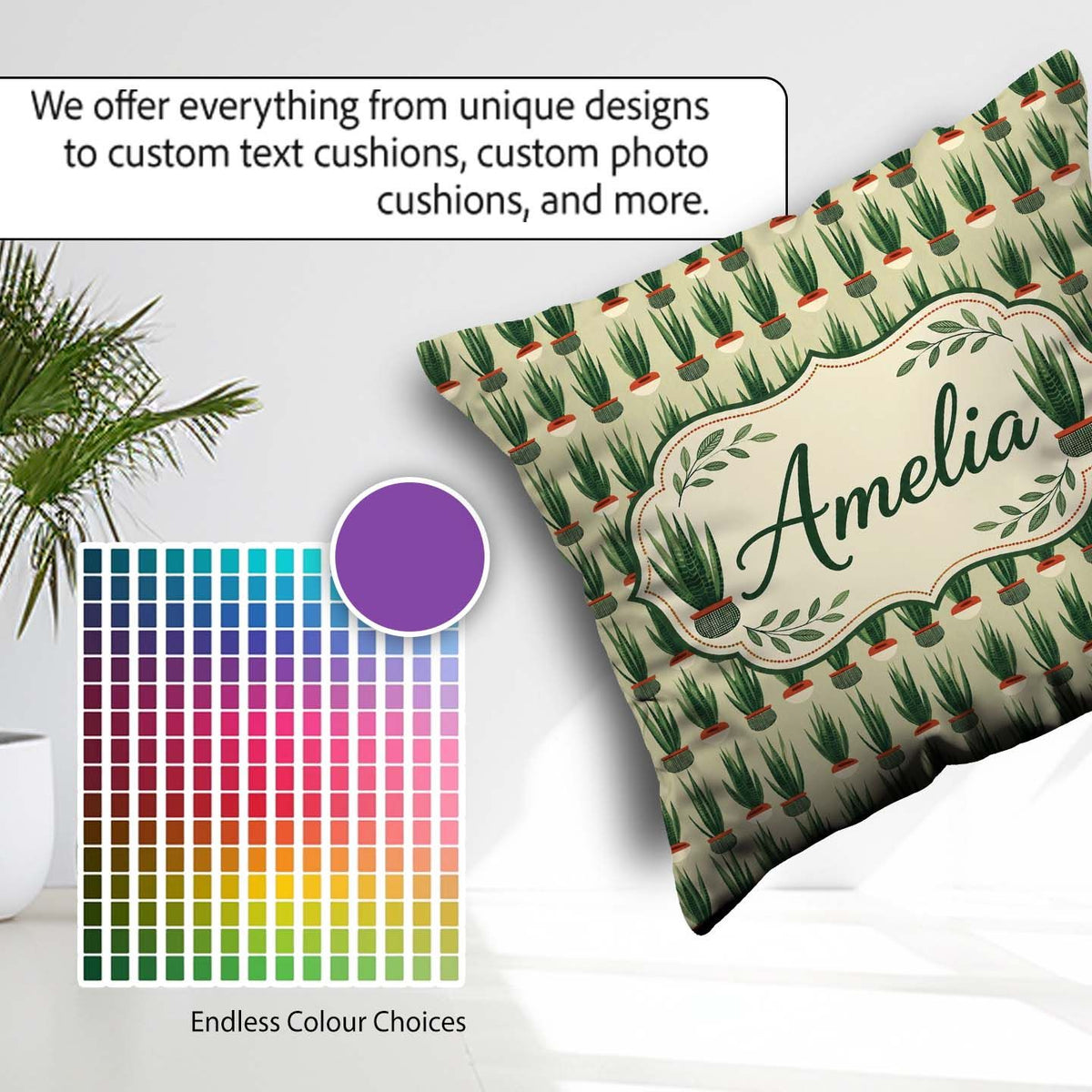Custom Name Modern Potted Plants with Seamless Pattern Name Cute Square Filled Cushion Throw Pillow Sofa Bed Home Decor Zip Washable UK Made
