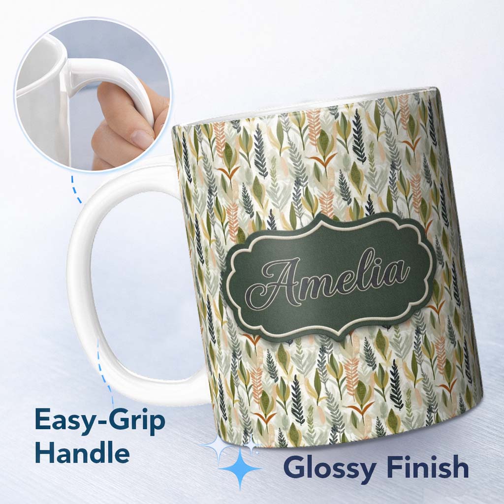 Personalized Custom Name Elegant Autumn Botanical Leaves with Soft Neutral Background 11oz Ceramic Coffee Tea Mug White Large Handle