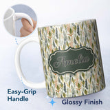 Personalized Custom Name Elegant Autumn Botanical Leaves with Soft Neutral Background 11oz Ceramic Coffee Tea Mug White Large Handle