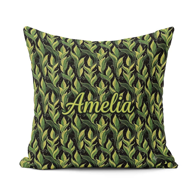 Custom Name Lush Green Tropical on Dark Background Seamless Name Square Filled Cushion Throw Pillow Sofa Bed Home Decor Zip Washable UK Made