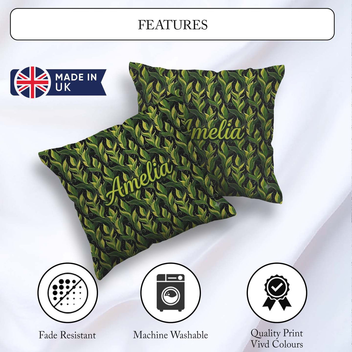 Custom Name Lush Green Tropical on Dark Background Seamless Name Square Filled Cushion Throw Pillow Sofa Bed Home Decor Zip Washable UK Made