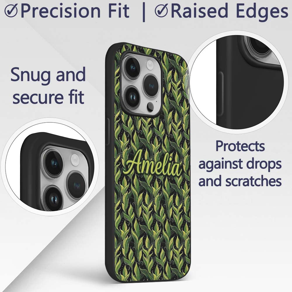 Lush Green Tropical Leaves on Dark Background Custom Name Protective Phone Case Mobile Cover Durable Everyday Smartphone Shock Resistant