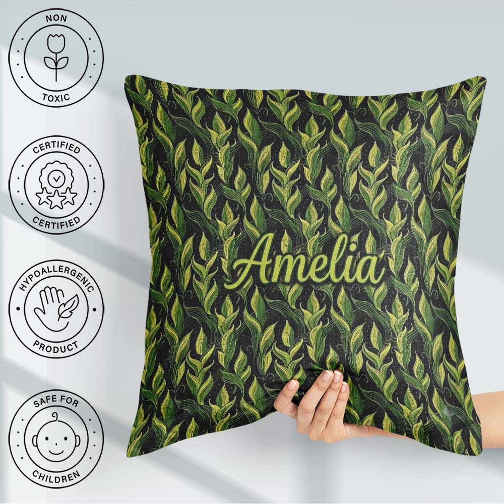 Custom Name Lush Green Tropical on Dark Background Seamless Name Square Filled Cushion Throw Pillow Sofa Bed Home Decor Zip Washable UK Made