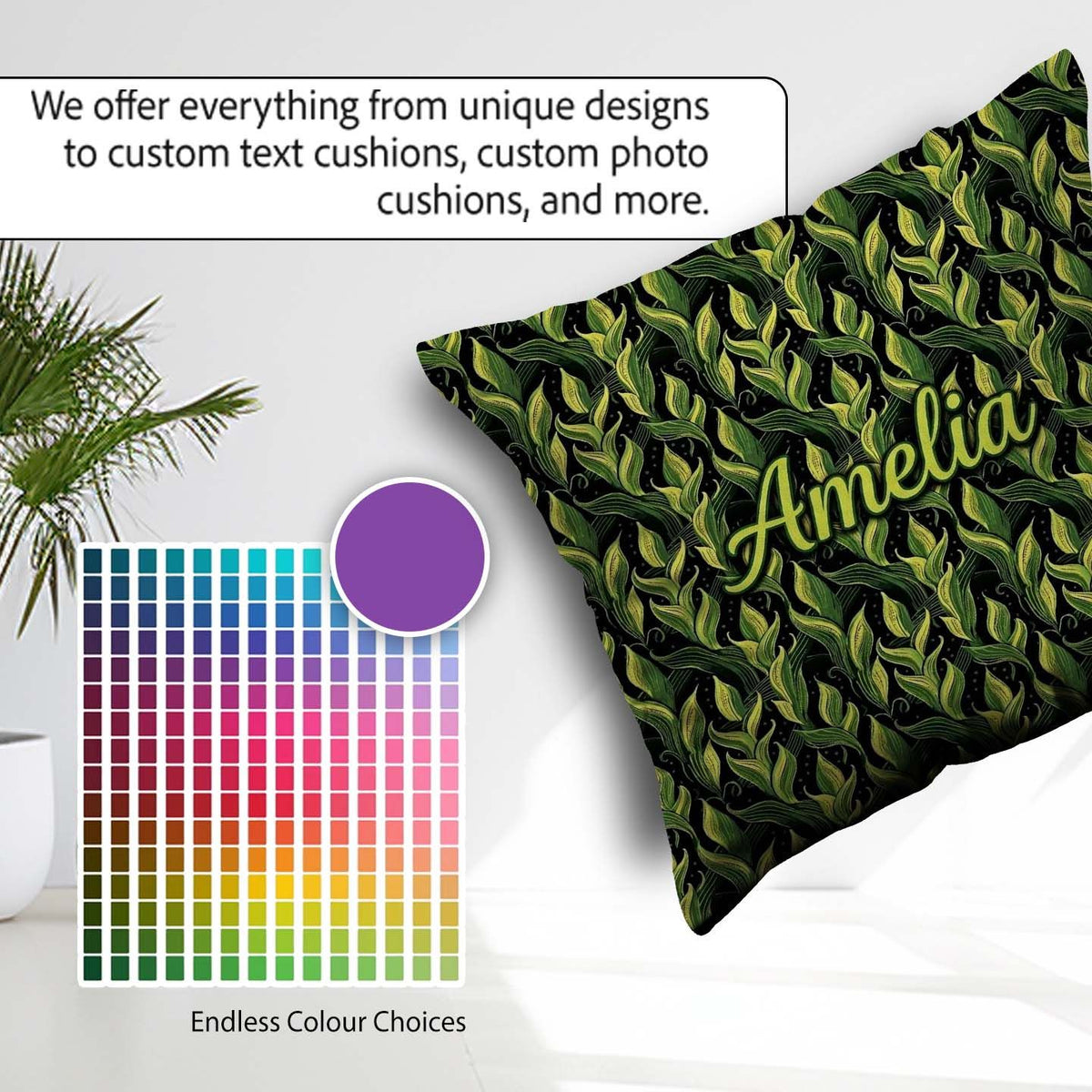 Custom Name Lush Green Tropical on Dark Background Seamless Name Square Filled Cushion Throw Pillow Sofa Bed Home Decor Zip Washable UK Made