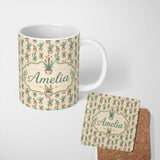Personalized Custom Name Vintage Style Potted Plants with Flowers Seamless Pattern Custom 11oz Ceramic Coffee Tea Mug White Large Handle