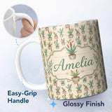 Personalized Custom Name Vintage Style Potted Plants with Flowers Seamless Pattern Custom 11oz Ceramic Coffee Tea Mug White Large Handle