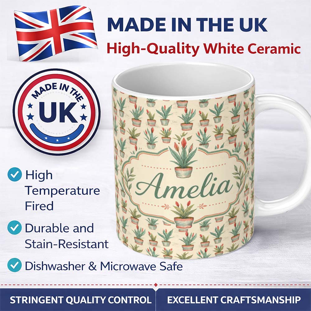 Personalized Custom Name Vintage Style Potted Plants with Flowers Seamless Pattern Custom 11oz Ceramic Coffee Tea Mug White Large Handle