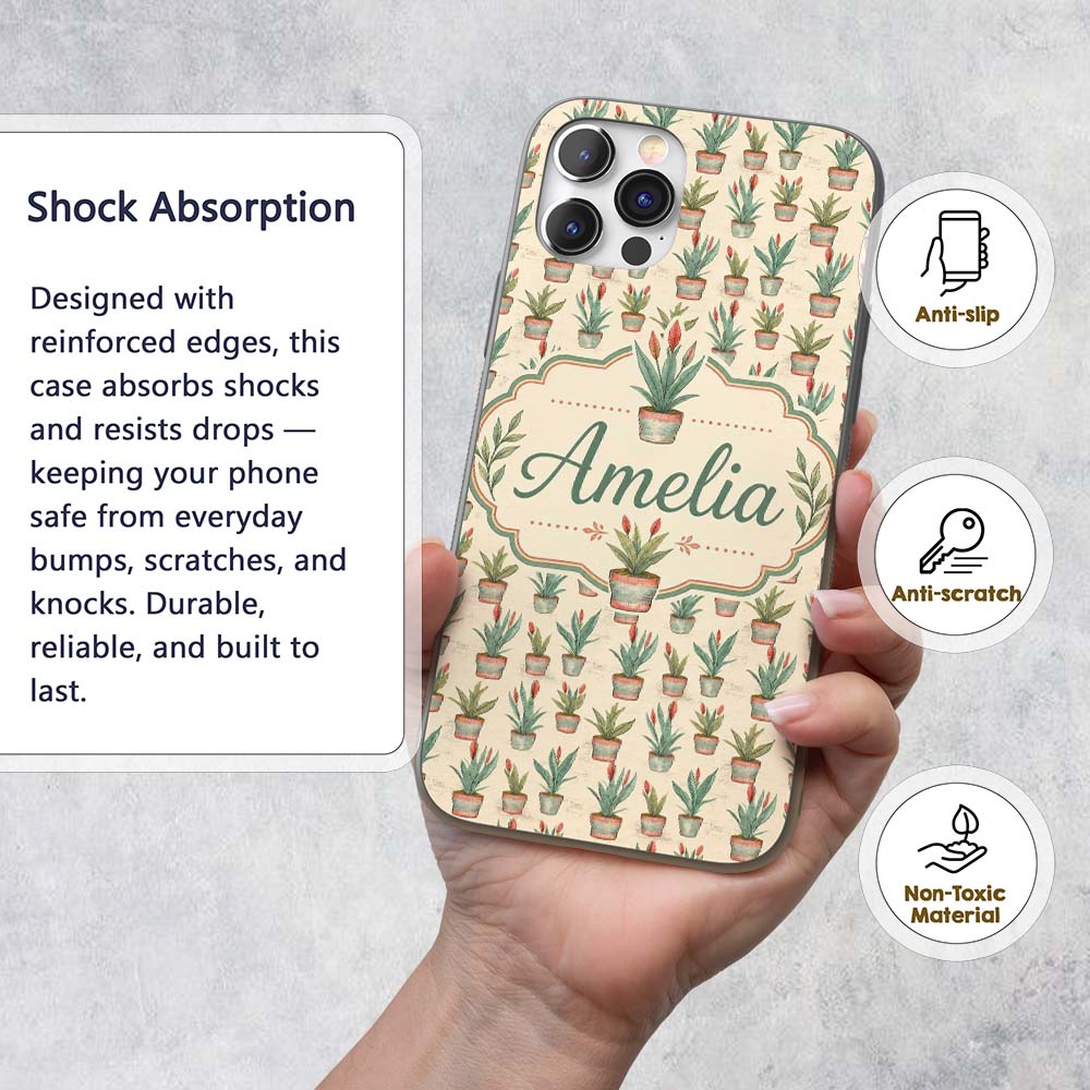 Vintage Style Potted Plants with Flowers Seamless Custom Name Protective Phone Case Mobile Cover Durable Everyday Smartphone Shock Resistant