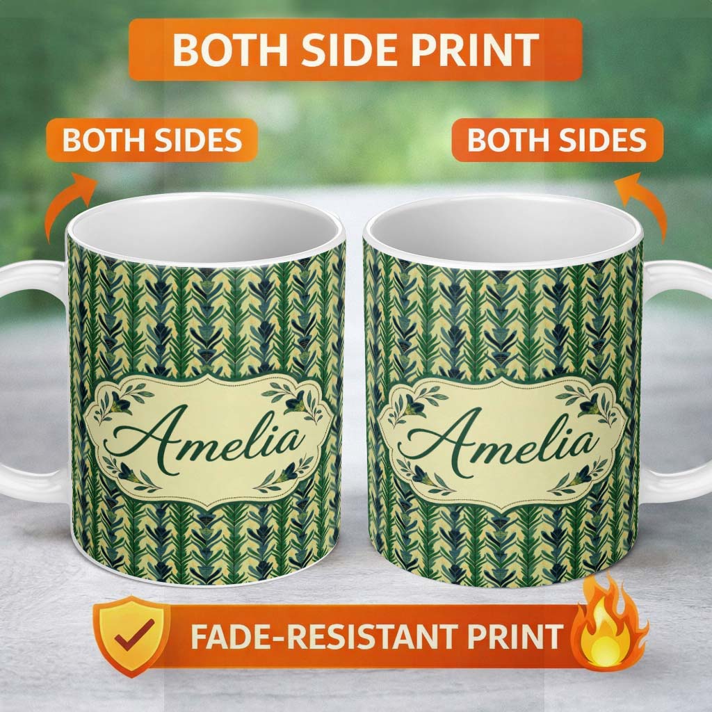 Personalized Custom Name Stylized Vertical Botanical Leaf Pattern in Green Tones Seamless 11oz Ceramic Coffee Tea Mug White Large Handle