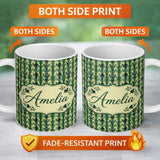 Personalized Custom Name Stylized Vertical Botanical Leaf Pattern in Green Tones Seamless 11oz Ceramic Coffee Tea Mug White Large Handle