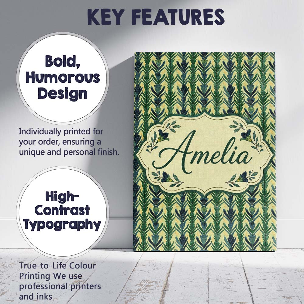 Personalised Name Stylized Vertical Botanical Custom Unique Gift Idea Modern Room Accent Canvas Wall Art Print Decor Picture Ready to Hang