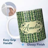 Personalized Custom Name Stylized Vertical Botanical Leaf Pattern in Green Tones Seamless 11oz Ceramic Coffee Tea Mug White Large Handle