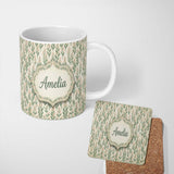 Personalized Custom Name Delicate Floral Sprigs with Soft Beige Background Seamless Pattern 11oz Ceramic Coffee Tea Mug White Large Handle