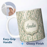 Personalized Custom Name Delicate Floral Sprigs with Soft Beige Background Seamless Pattern 11oz Ceramic Coffee Tea Mug White Large Handle