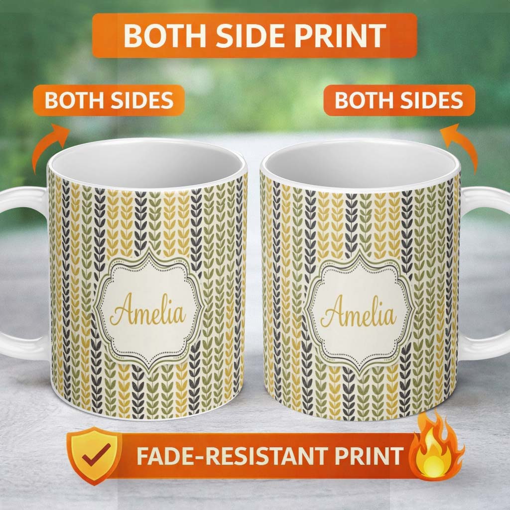 Personalized Custom Name Minimal Leaf Pattern in Green and Mustard Tones Seamless Name Cute 11oz Ceramic Coffee Tea Mug White Large Handle