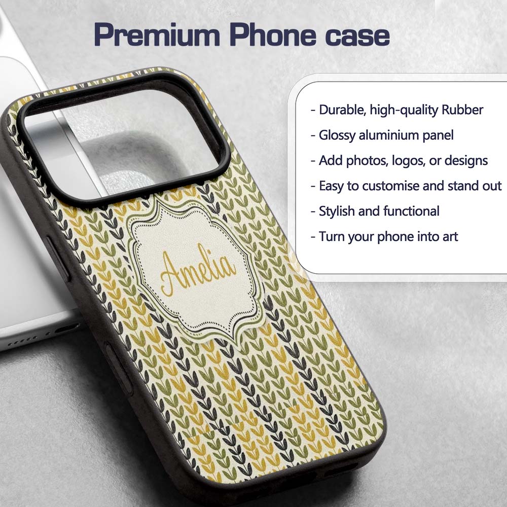 Minimal Leaf Pattern in Green and Mustard Tones Custom Name Protective Phone Case Mobile Cover Durable Everyday Smartphone Shock Resistant