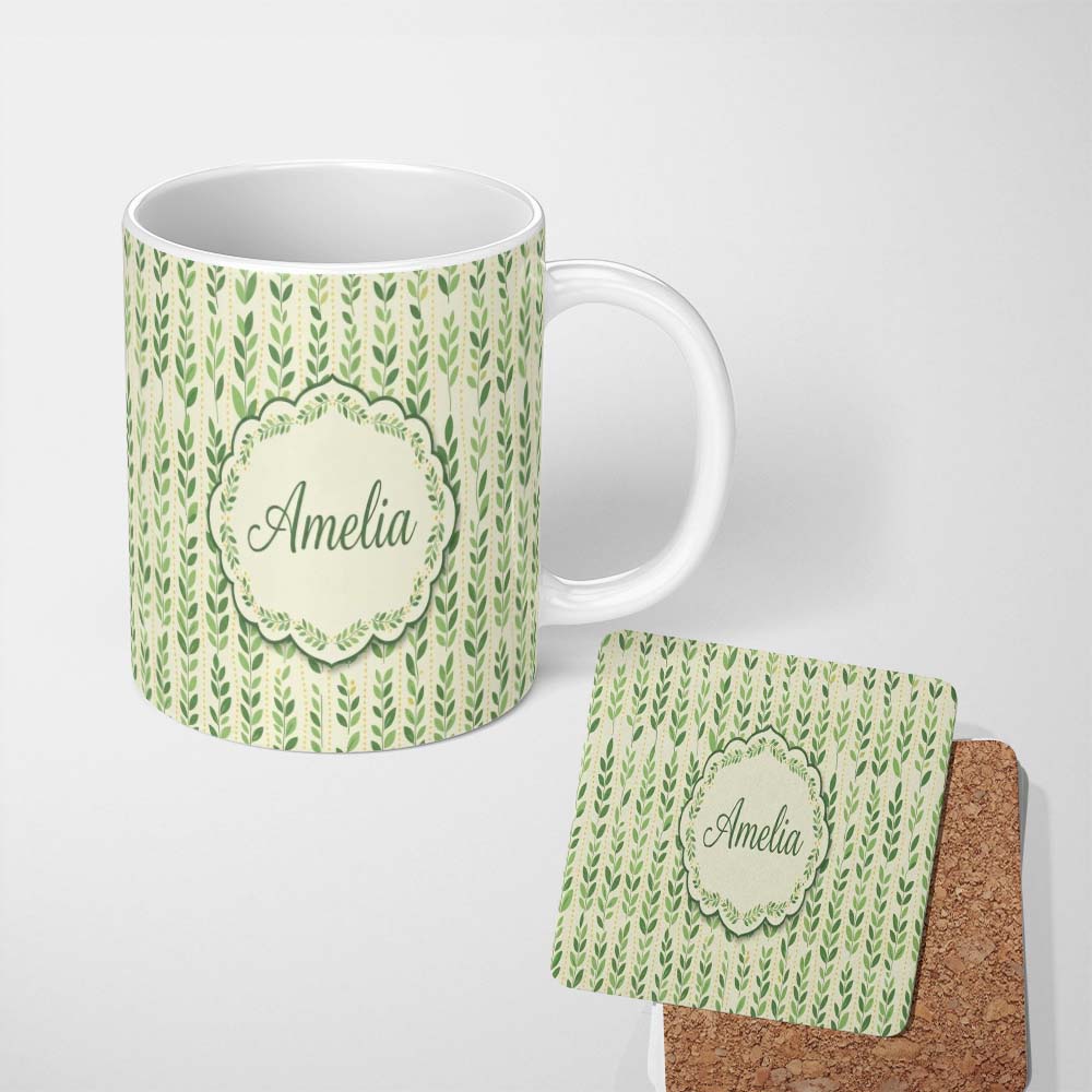Personalized Custom Name Flowing Abstract Green Leaves with Dotted Accents Seamless Pattern 11oz Ceramic Coffee Tea Mug White Large Handle