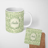 Personalized Custom Name Flowing Abstract Green Leaves with Dotted Accents Seamless Pattern 11oz Ceramic Coffee Tea Mug White Large Handle