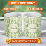 Personalized Custom Name Flowing Abstract Green Leaves with Dotted Accents Seamless Pattern 11oz Ceramic Coffee Tea Mug White Large Handle