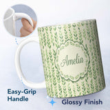 Personalized Custom Name Flowing Abstract Green Leaves with Dotted Accents Seamless Pattern 11oz Ceramic Coffee Tea Mug White Large Handle
