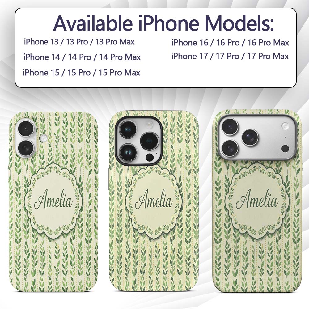 Flowing Abstract Green Leaves with Dotted Accents Custom Name Protective Phone Case Mobile Cover Durable Everyday Smartphone Shock Resistant