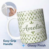 Personalized Custom Name Simple Modern Leaf Motif on Light Background Seamless Pattern Name 11oz Ceramic Coffee Tea Mug White Large Handle
