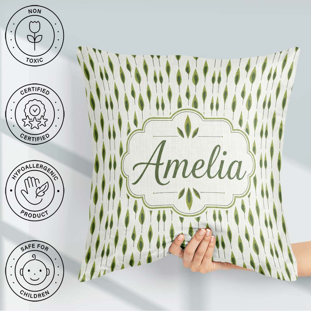 Custom Name Simple Modern Leaf Motif on Light Background Pattern Square Filled Cushion Throw Pillow Sofa Bed Home Decor Zip Washable UK Made