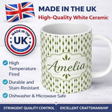 Personalized Custom Name Simple Modern Leaf Motif on Light Background Seamless Pattern Name 11oz Ceramic Coffee Tea Mug White Large Handle