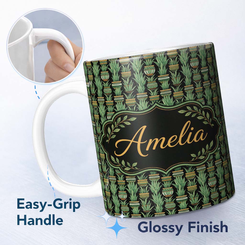 Personalized Custom Name Decorative Potted Green Houseplants on Dark Background Seamless 11oz Ceramic Coffee Tea Mug White Large Handle