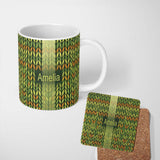 Personalized Custom Name Abstract Vertical Leaf Stripes in Earthy Green and Gold Seamless 11oz Ceramic Coffee Tea Mug White Large Handle